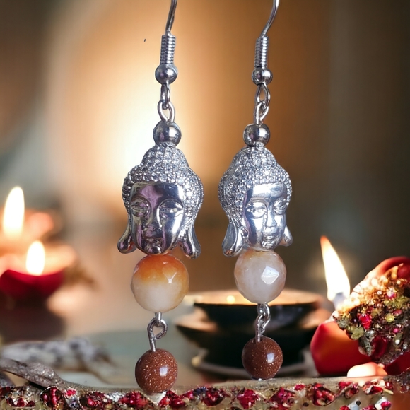 Faceted Carnelian & Goldstone Buddha Handcrafted Earrings - Picture 1 of 8